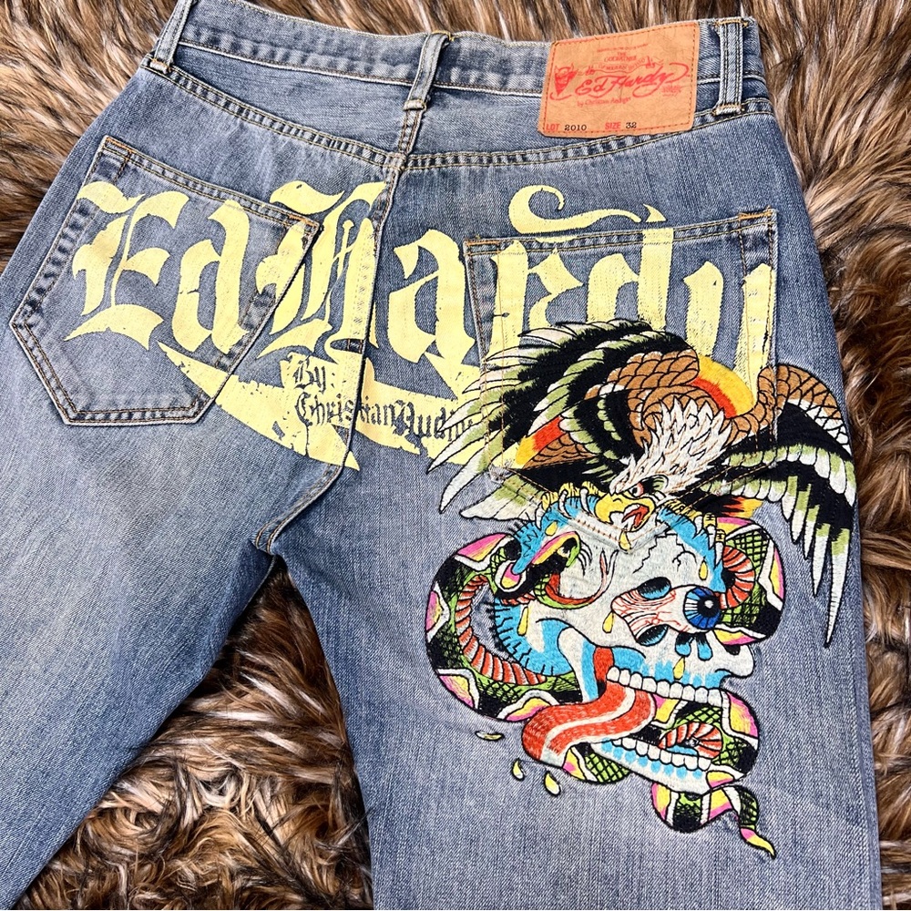 Vtg ED HARDY Embroidered Skull Eagle Snake Huge Spell Out Denim Jeans 32” x 27”